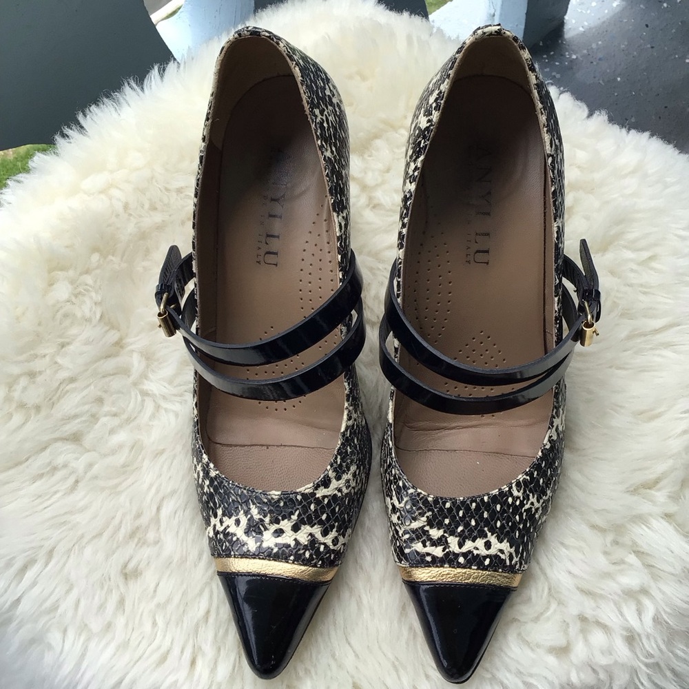 Anyi Lu Pointed Toe Mary Jane Pumps in Black, Gold and Beige Leather Snake Print